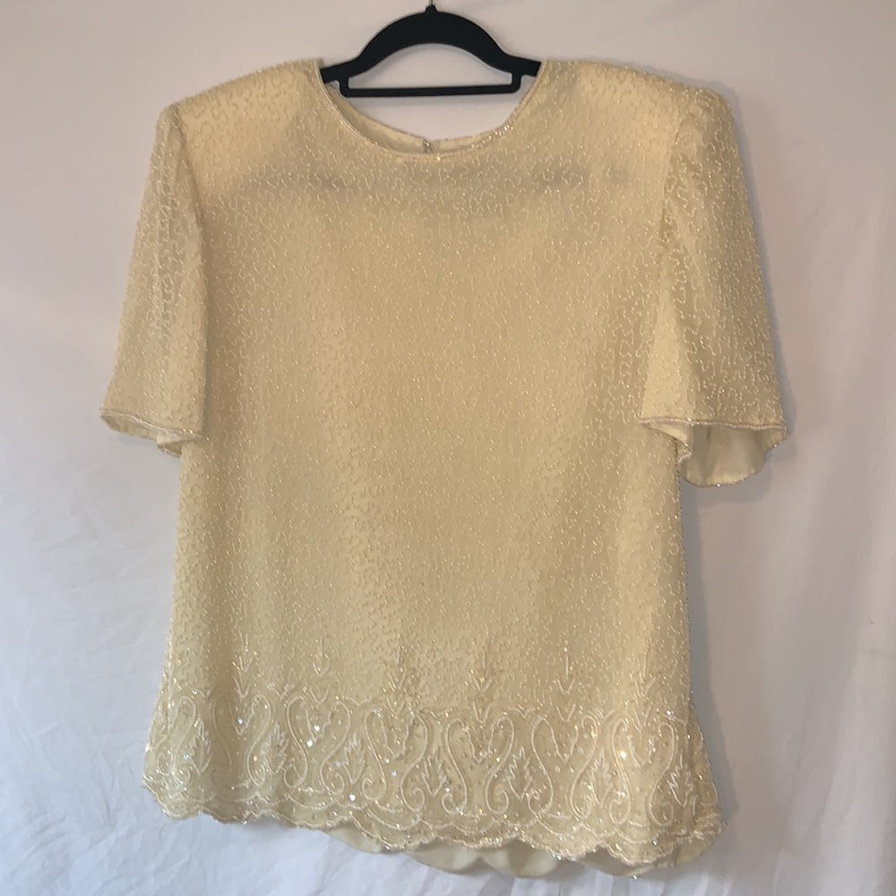 Beaded silk short sleeve beaded top with shoulder pads